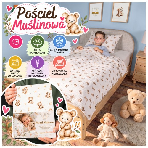 Pościel Muślinowa Dziecięca 90x120 + 40x60 100% Bawełniana Pluszowe Misie