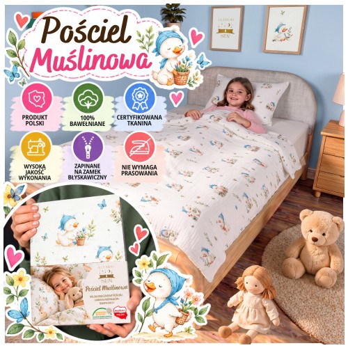 Pościel Muślinowa Dziecięca 120x160 + 50x70 100% Bawełniana Wesołe Kaczuszki
