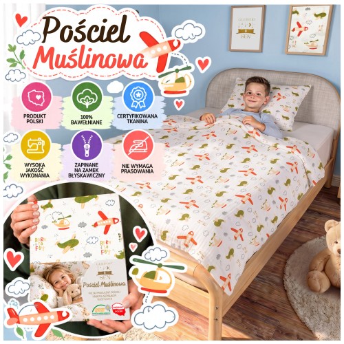 Pościel Muślinowa Dziecięca 90x120 + 50x60 100% Bawełniana Wesołe Samoloty