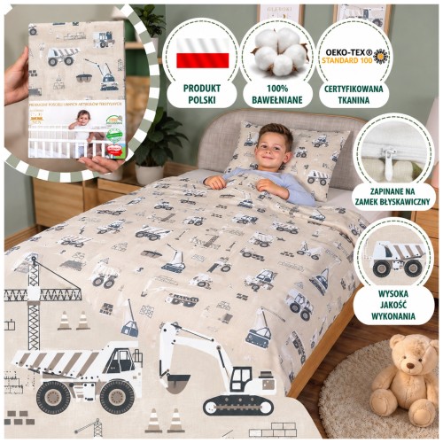 Komplet Pościeli Dziecięcej 100x160 + 50x70 Koparki Beżowe