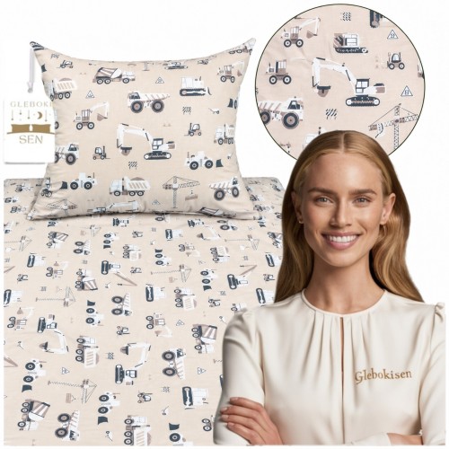 Komplet Pościeli Dziecięcej 120x160 + 70x80 Koparki Beżowe