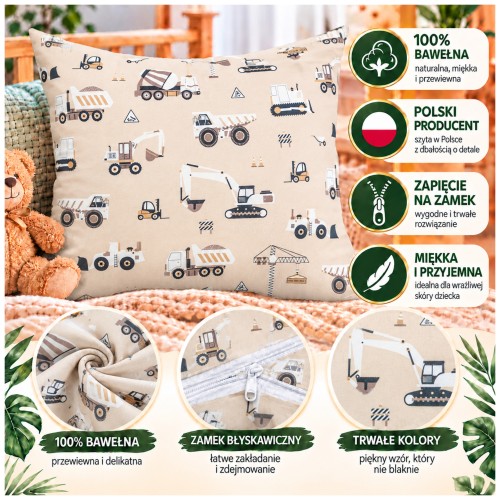 Poszewka Dziecięca 70x80 Bawełniana Koparki Beżowe